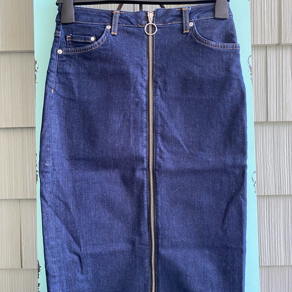 Knee length dark denim skirt with full zip retro 80s
